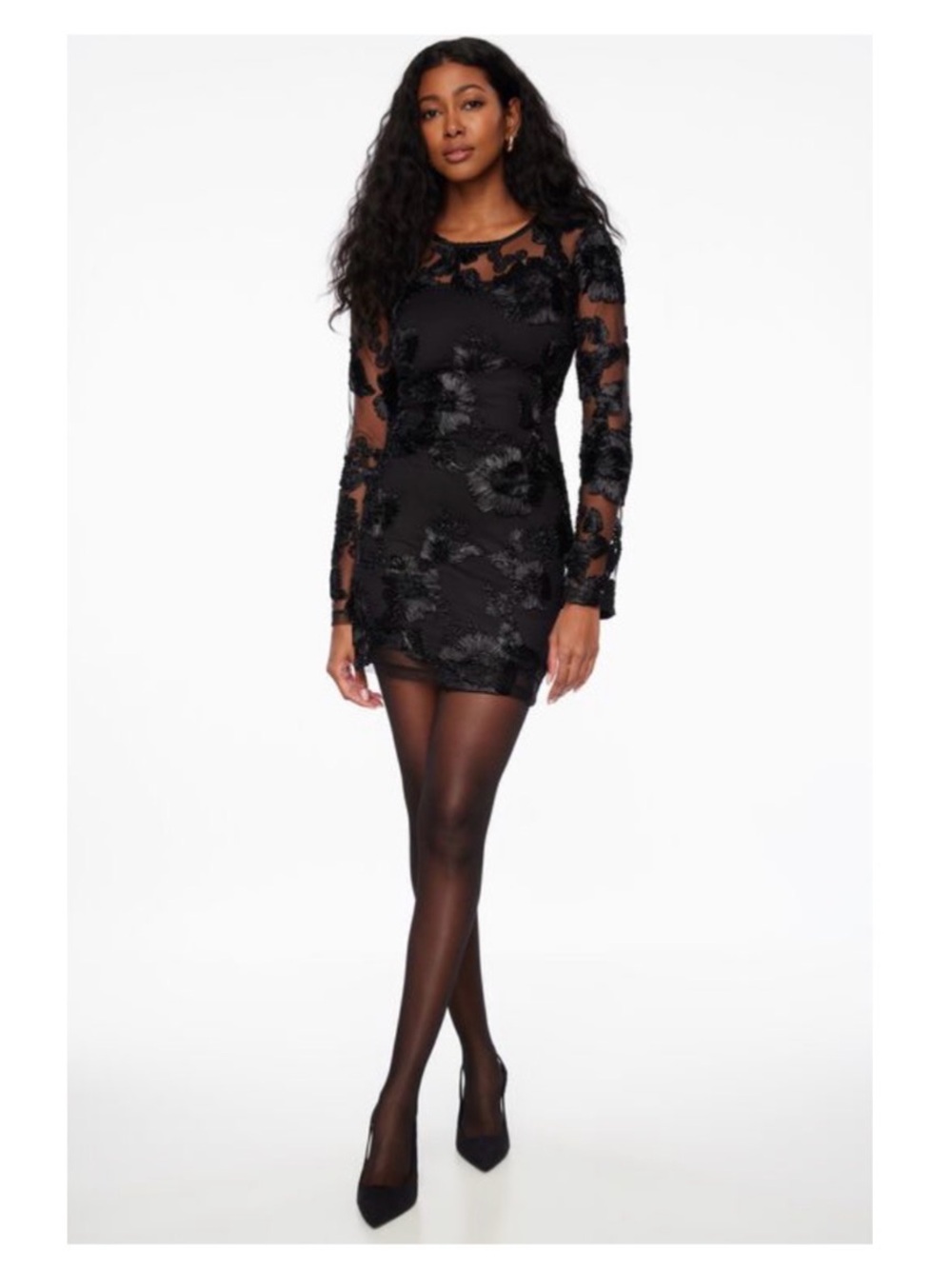 Dynamite Sheer Floral Appliqué Mini Dress